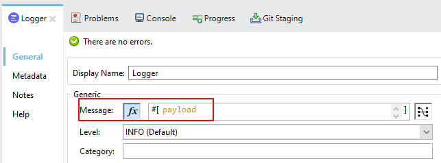 Anypoint Studio Logger component configuration