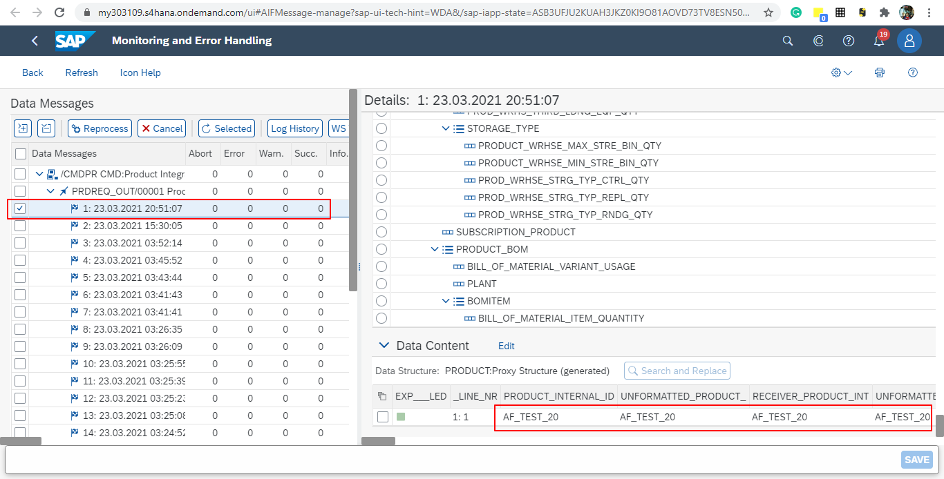 SAP S/4HANA product replication message details