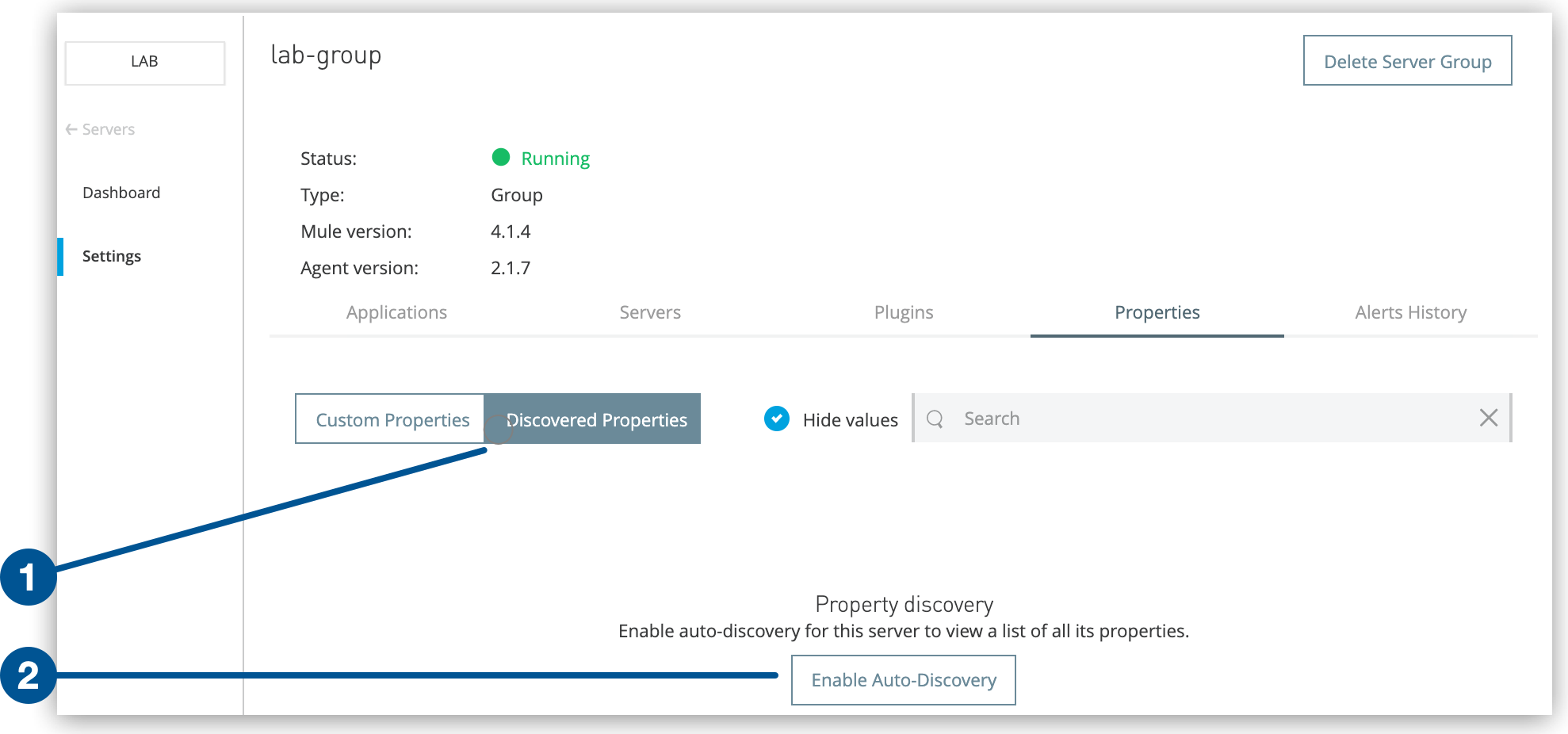\*Discovered Properties\* and \*Enable Auto-Discovery\* buttons
