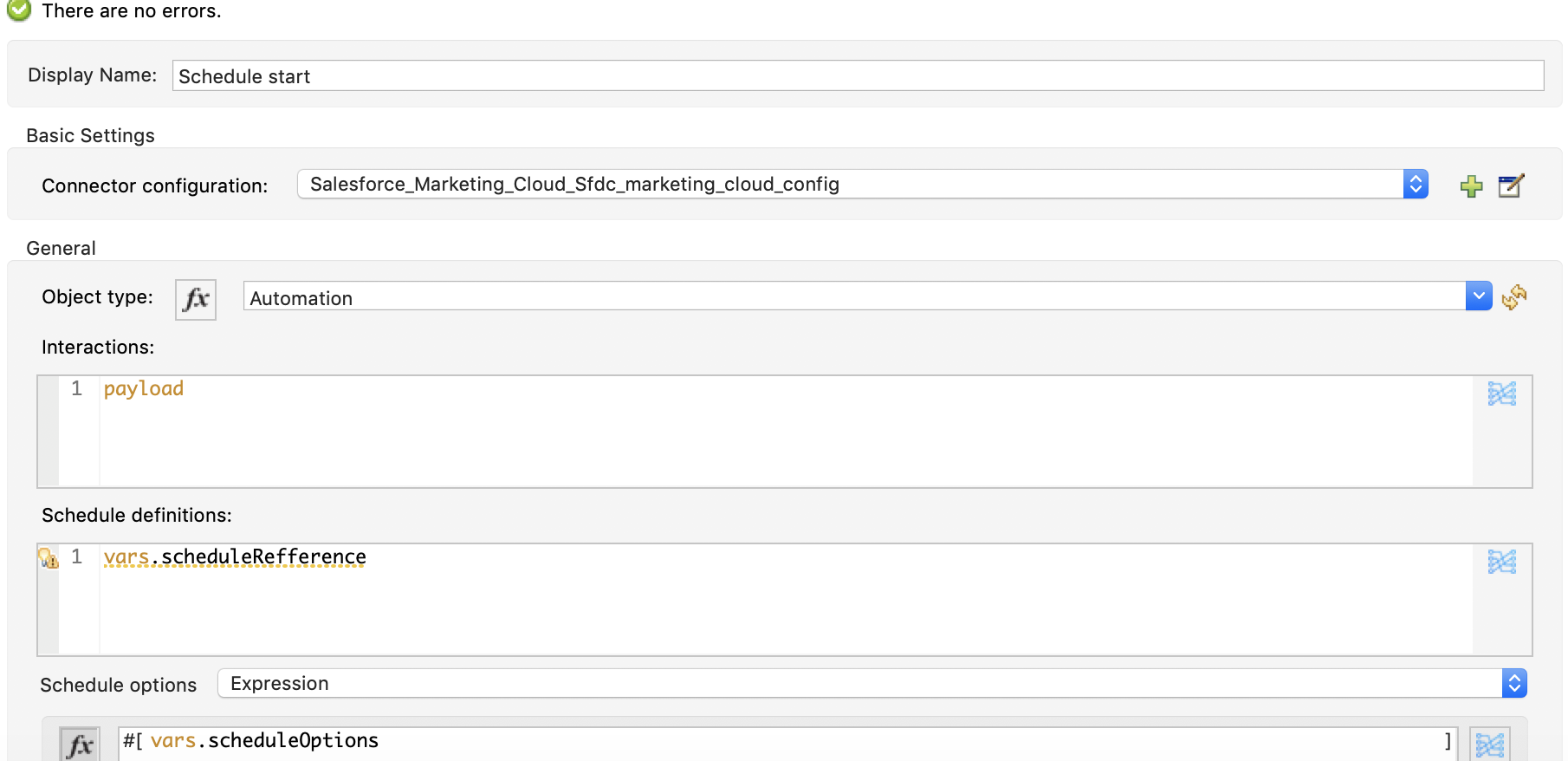 Schedule Start Automation configuration window