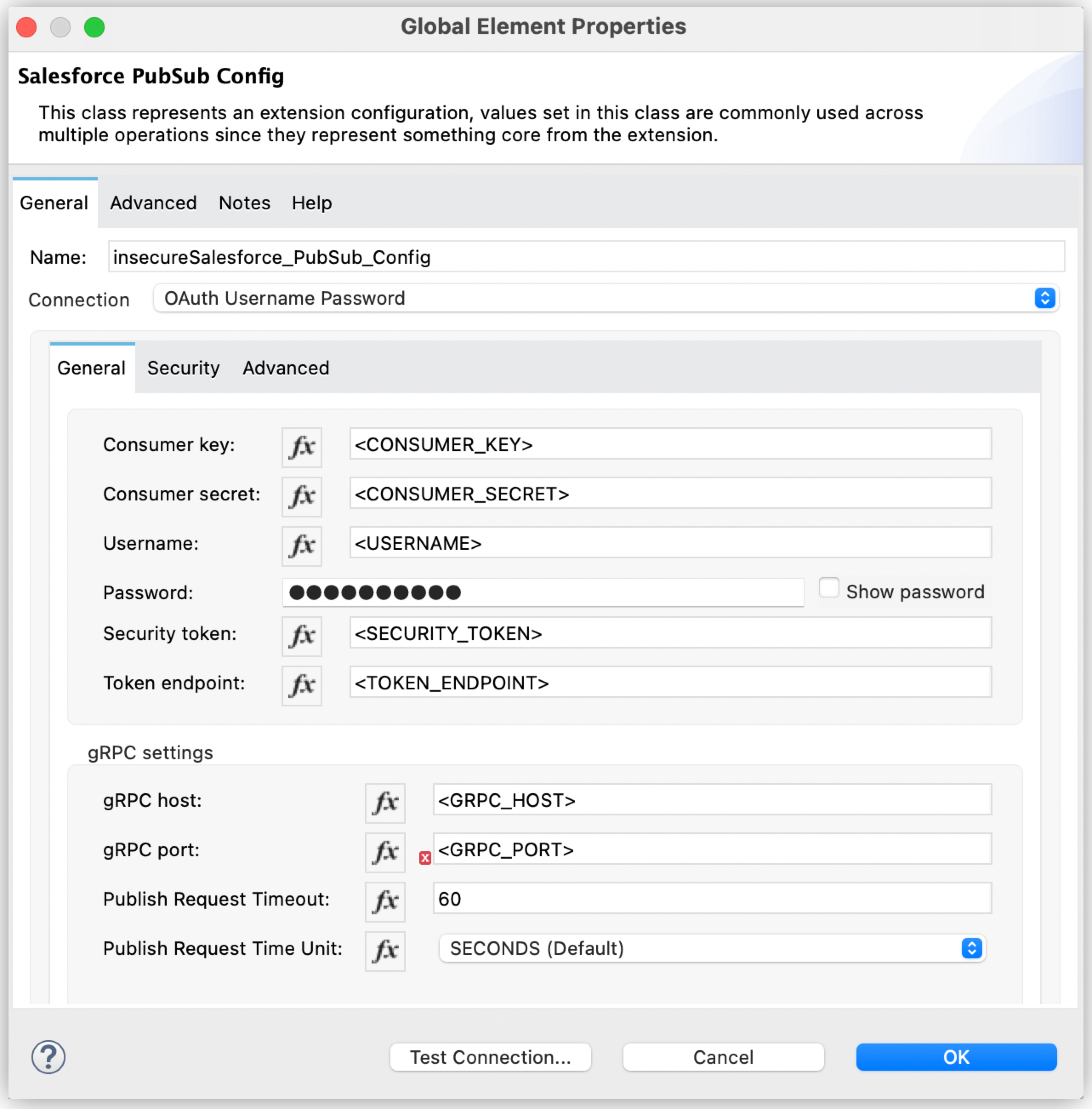 Global element properties window for the Publish event operation with timeout configuration