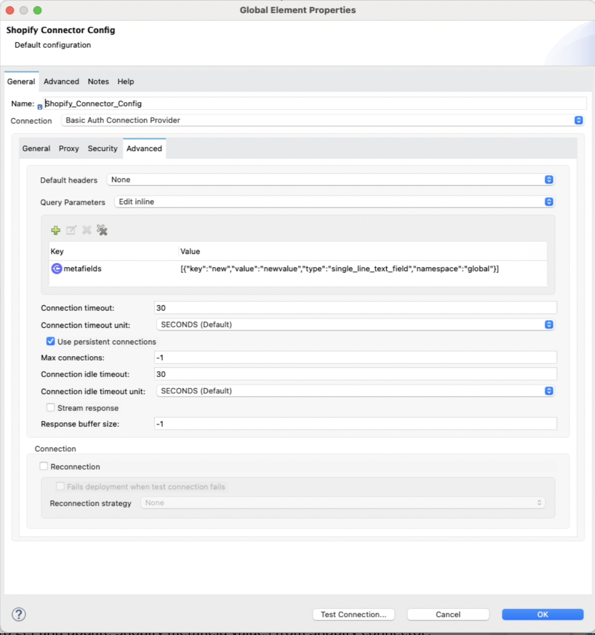 Global elements properties window with configuration for getting and updating Shopify metafield values
