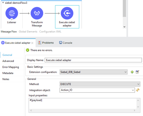 Execute siebel adapter operation properties window