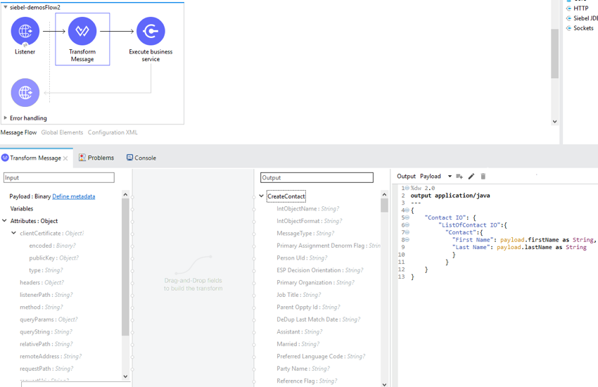 Transform Message properties window with input payload configuration
