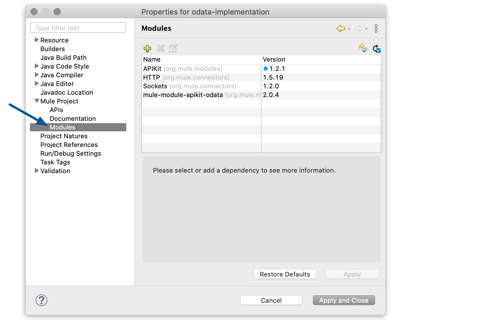 The Modules option highlighted in your Mule project