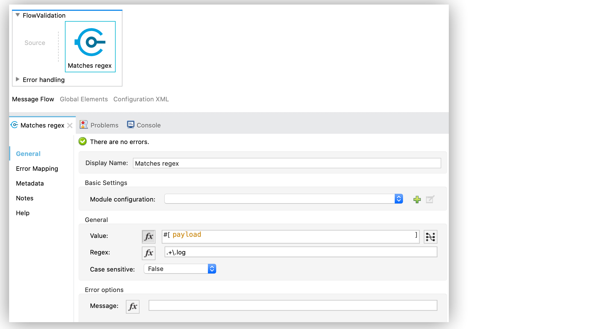Matches regex Configuration