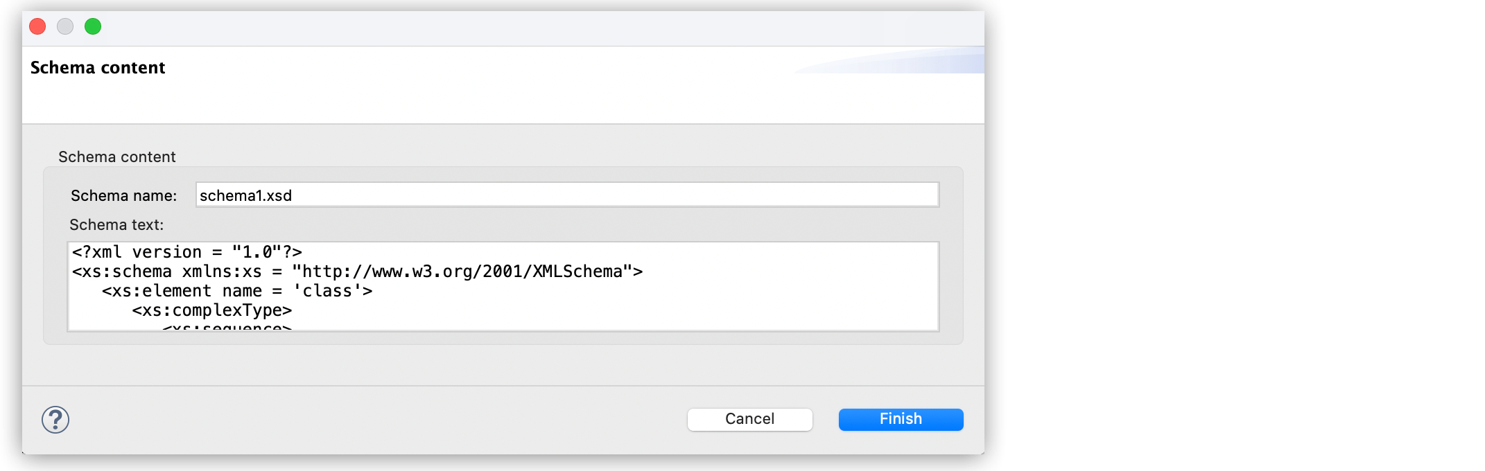 Schema content window with the Schema name and Schema text fields