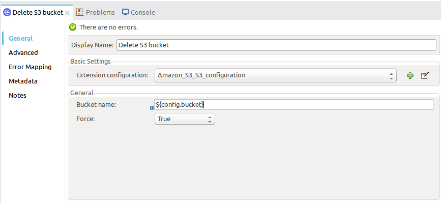 S3 Connector 「Delete Bucket (バケットを削除)」の [General (一般)] タブ