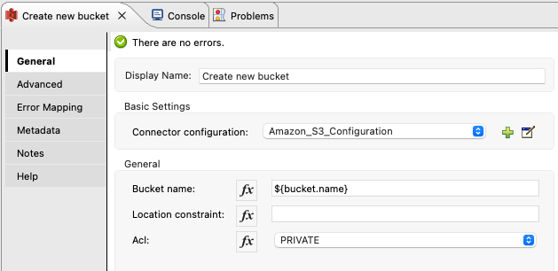 S3 Connector の [S3 General (S3 一般)] タブの [Create Bucket (バケットを作成)]