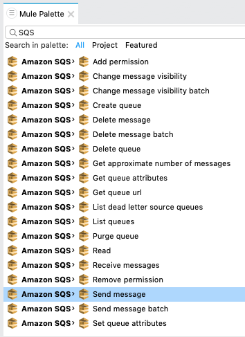 「Mule Palette (Mule パレット)」 ビューで 「Send Message」 操作が選択されている