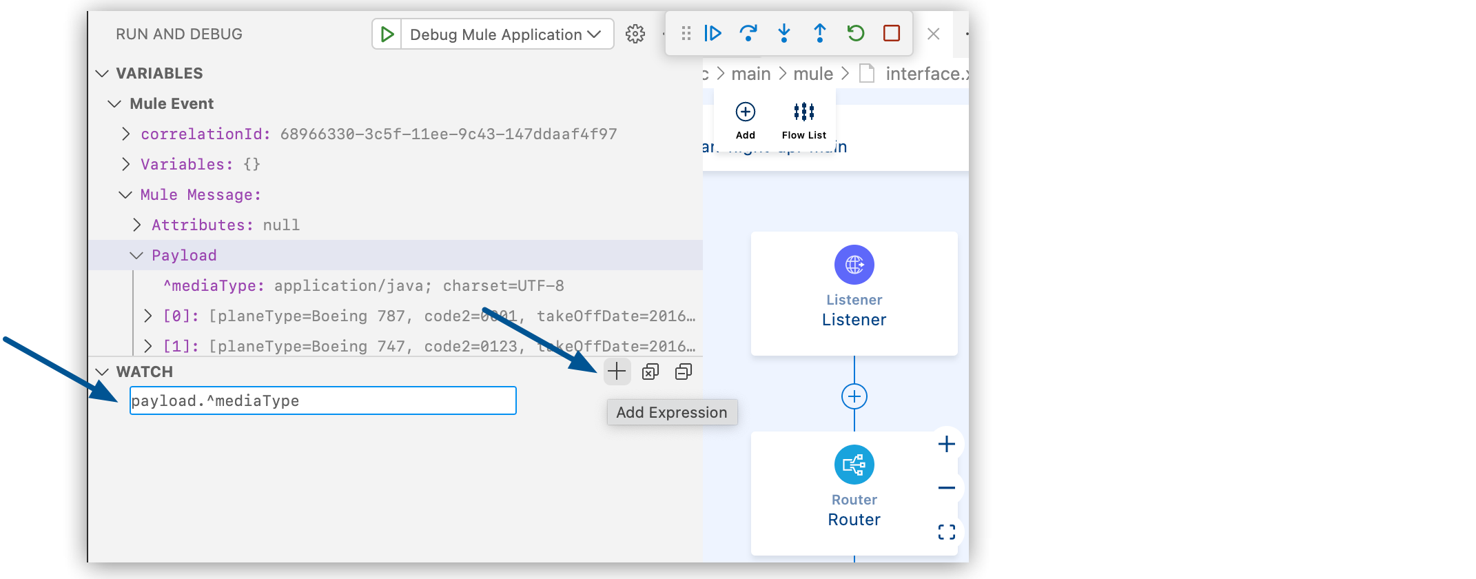 [Add Expression (式を追加)] ボタンが強調表示され、アプリケーション変数が表示されているデバッグウィンドウ