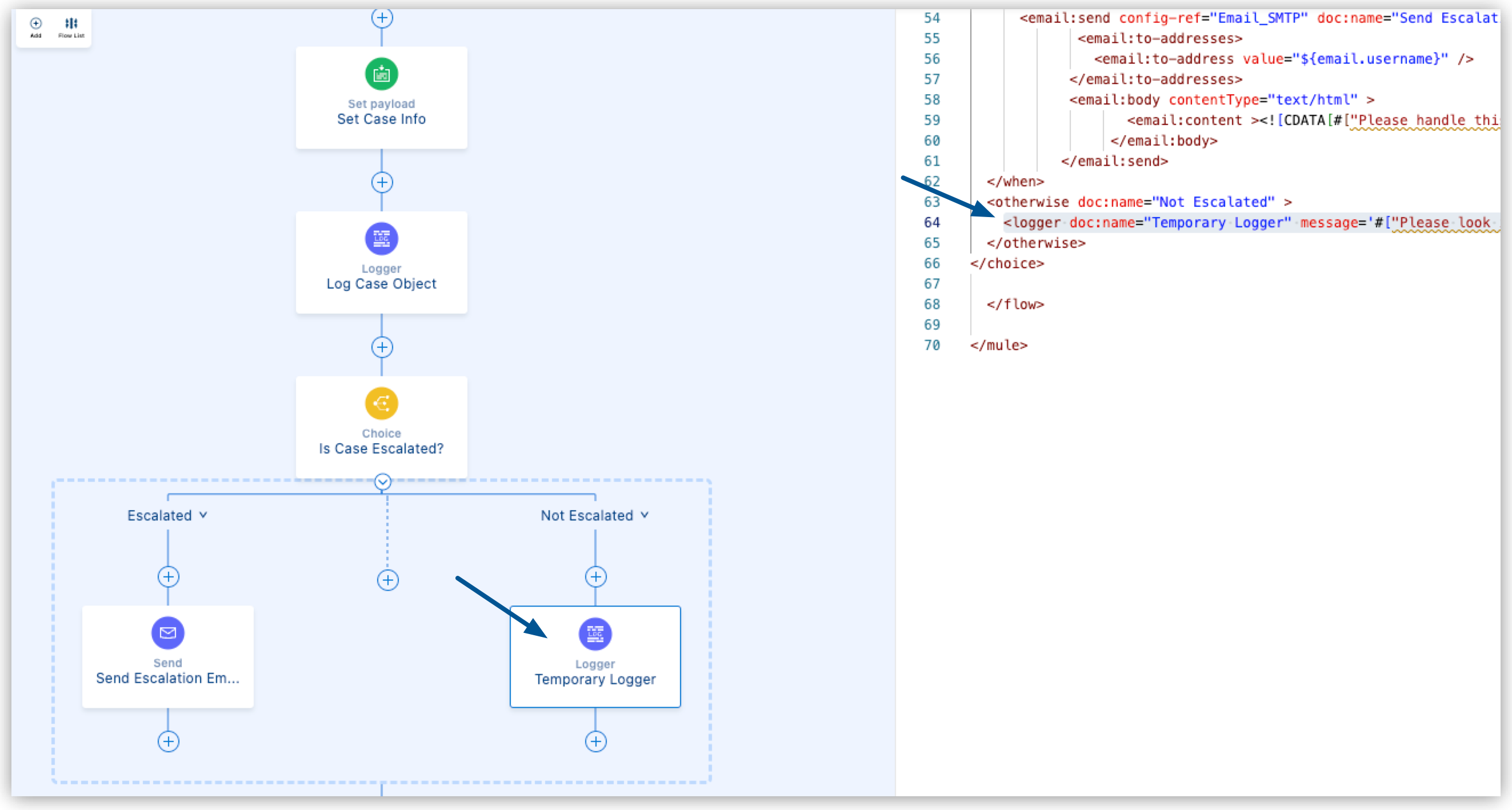 フローキャンバス UI とコードビューの両方で [Temporary Logger] コンポーネントが強調表示されているワークフロー