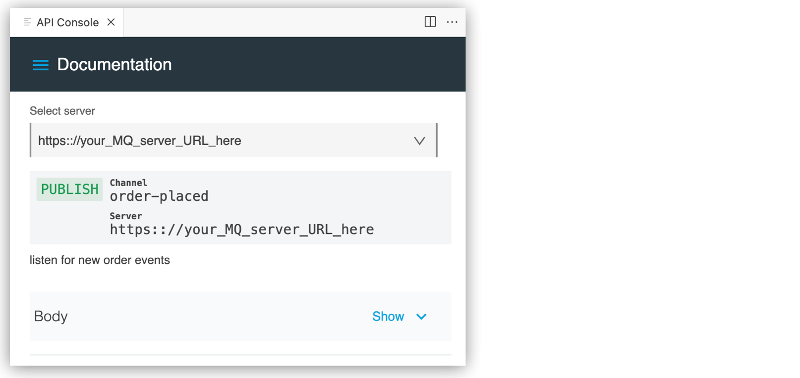 PUBLISH の詳細を含む API Console