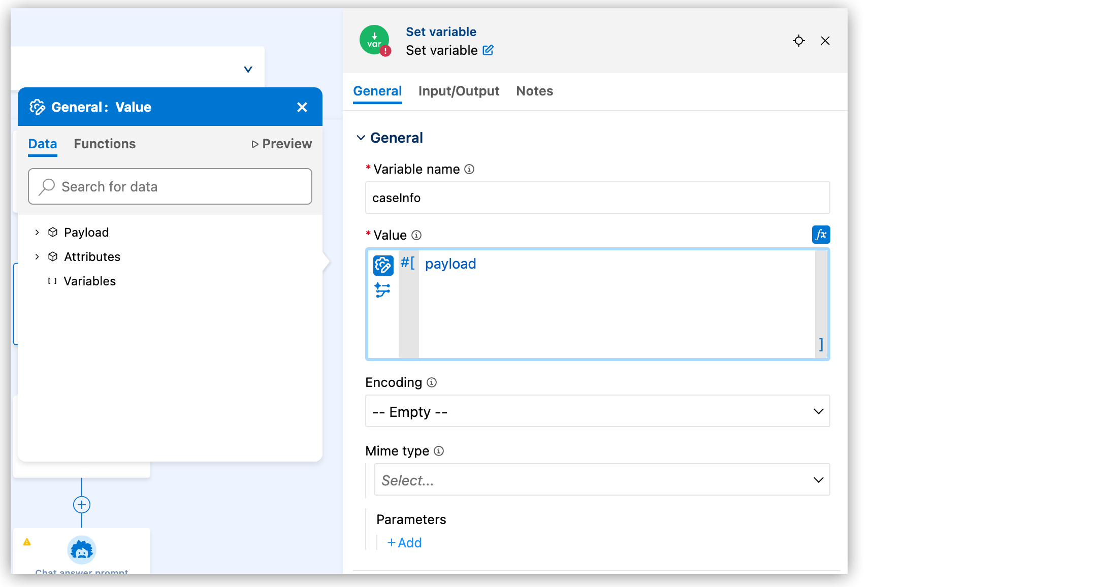 *式ビルダー*インターフェースの [Set Variable (変数を設定)] コンポーネントに DataWeave 式を作成するための *[Data (データ)]*、*[Functions (関数)]*、および *[Preview (プレビュー)]* タブが表示されています