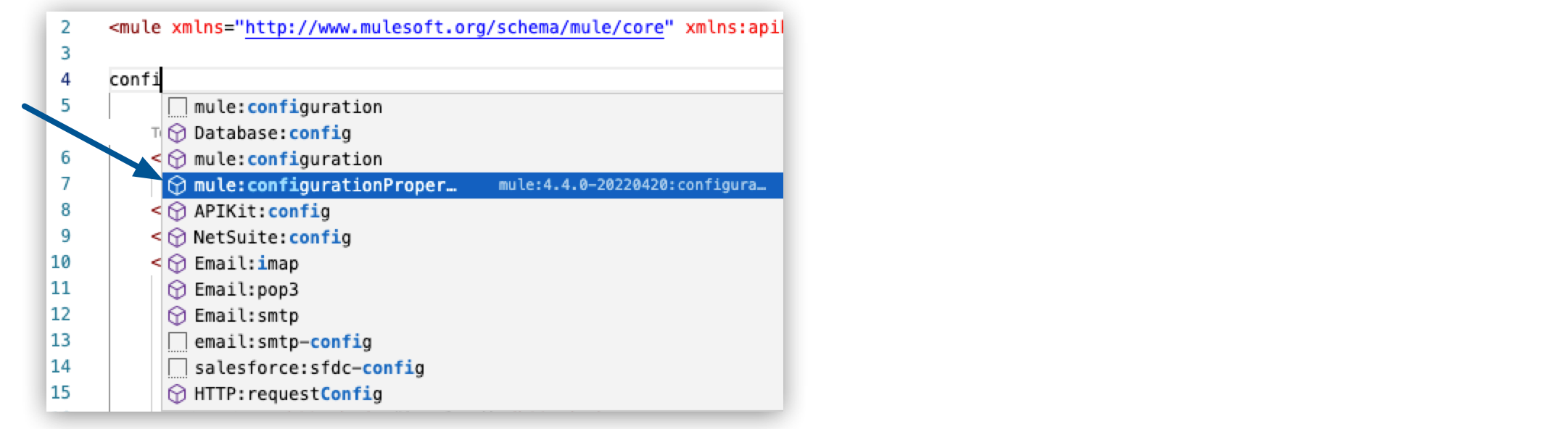 検索結果で [mule:configurationProperties] が強調表示されているコードスニペット