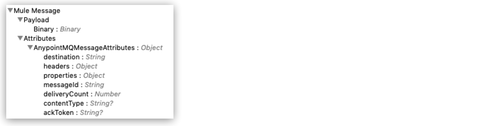 ペイロードとメッセージ属性を含む Mule メッセージ