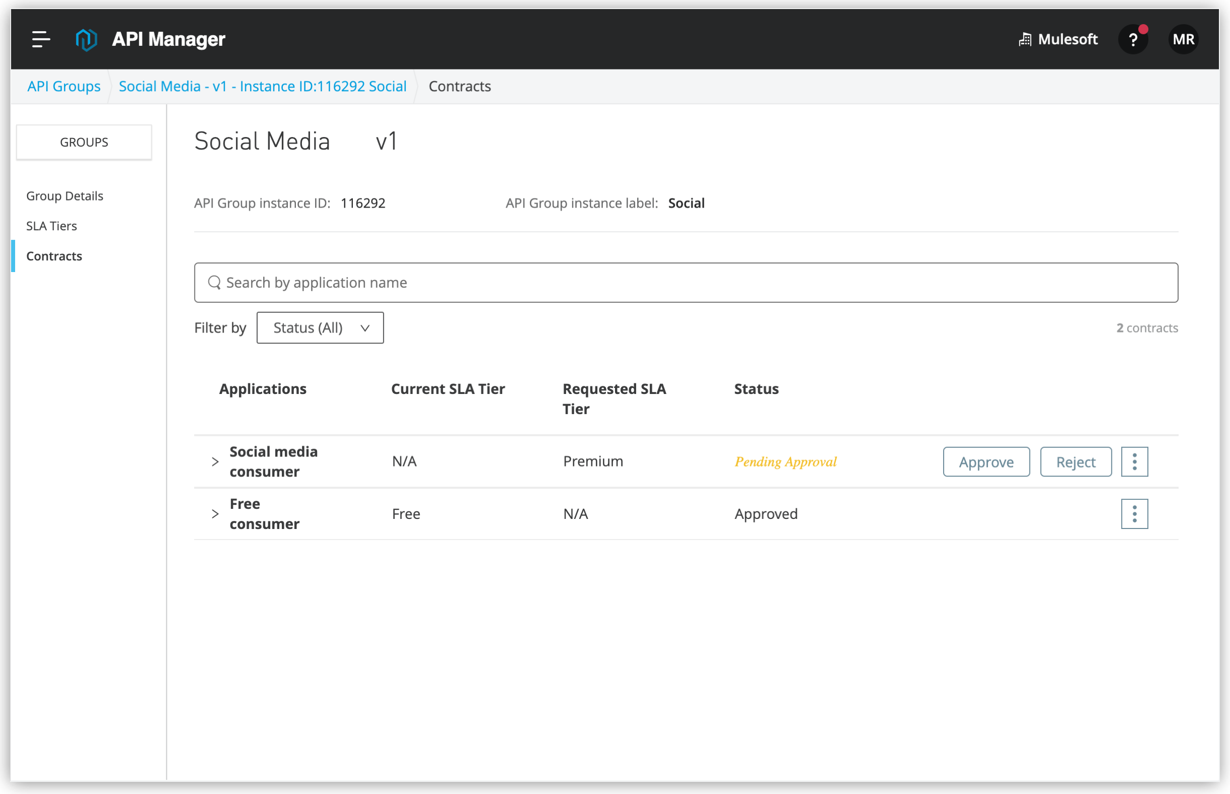 API グループインスタンスのコントラクトの表示