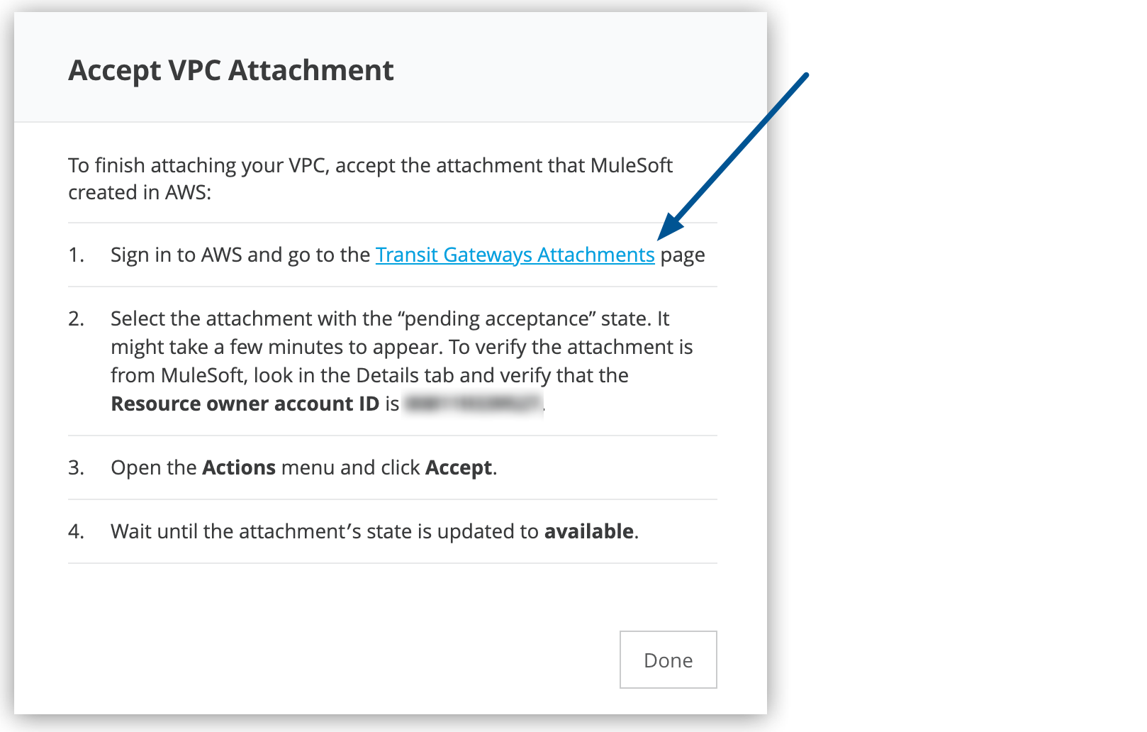 「Accept VPC Attachment (VPC アタッチメントを受け入れる)」 ページ