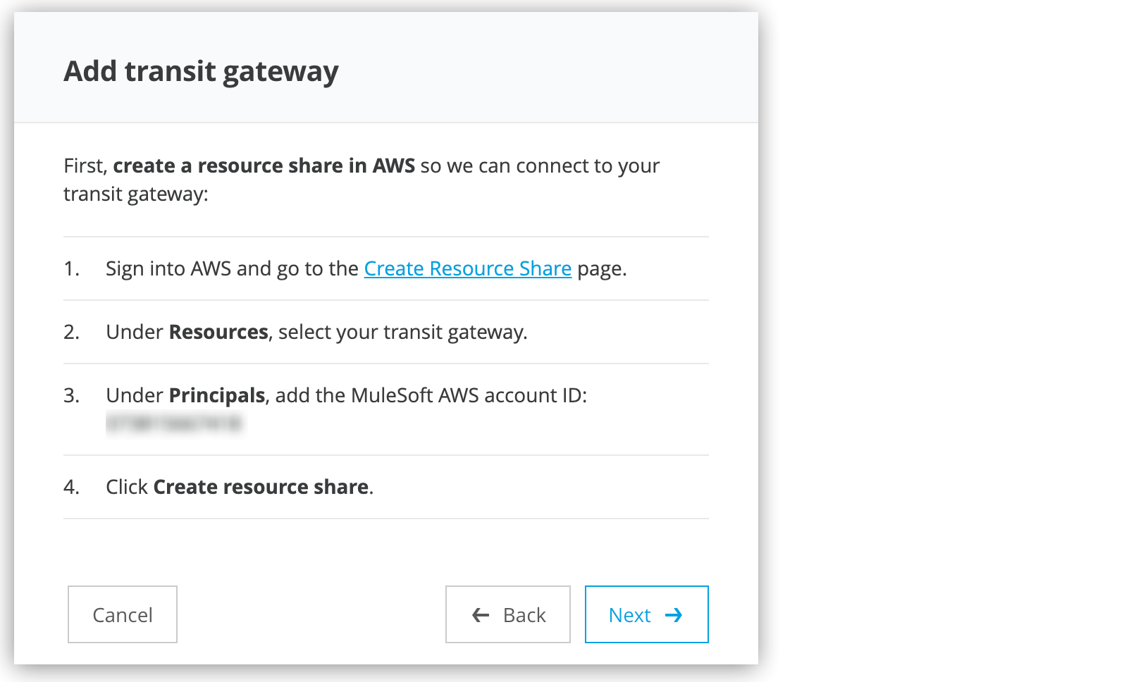 「Add transit gateway (トランジットゲートウェイを追加)」 ページ: リソース共有を作成する手順
