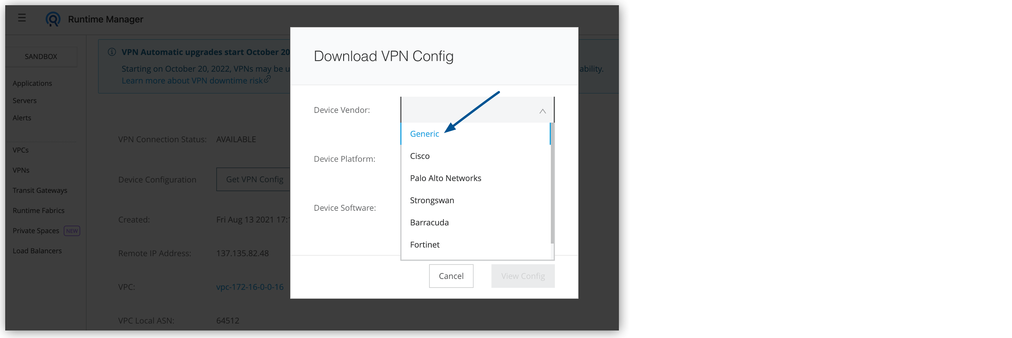 「Generic (汎用)」 VPN 設定ファイルオプション