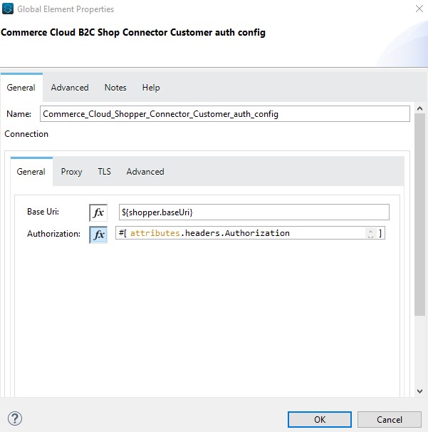 [Commerce Cloud B2C Shop Connector Customer Auth Config (Commerce Cloud B2C Shop コネクタの顧客認証設定)] の [General (一般)] プロパティ
