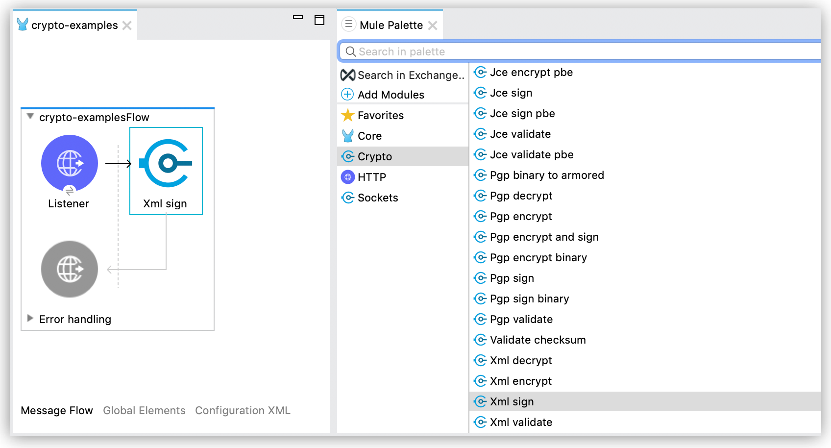 XML 暗号化操作を追加するパレットメニュー