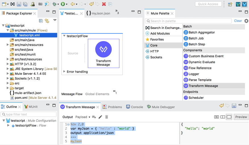 基本的な JSON 出力が表示されている Anypoint Studio のスクリプト