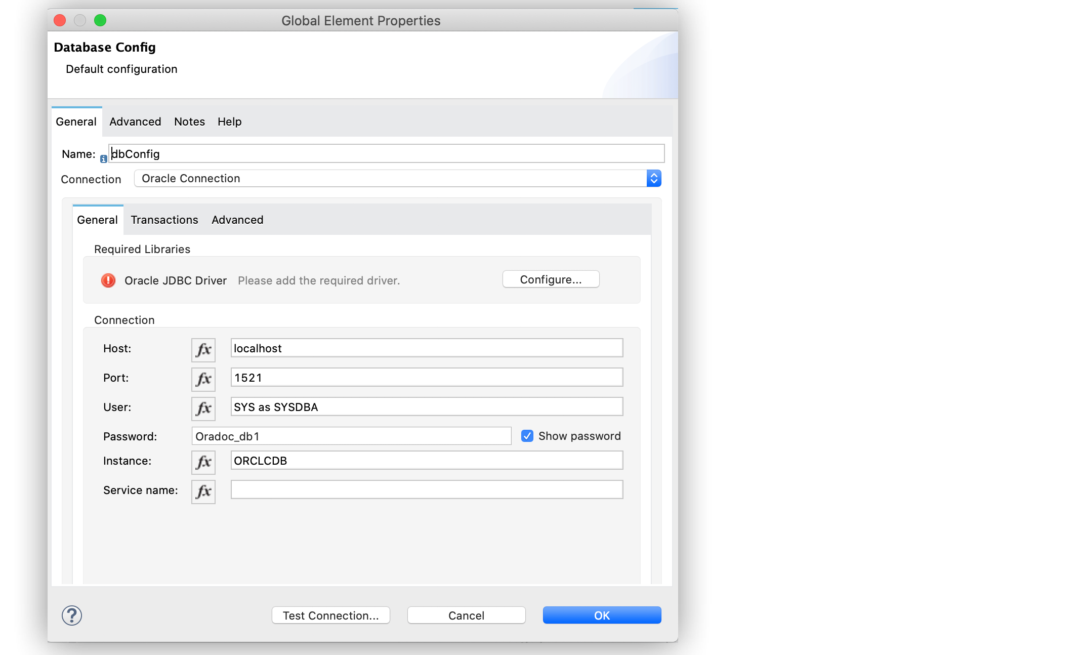 [Host (ホスト)]、[Port (ポート)]、[User (ユーザー)]、[Password (パスワード)] 項目を設定するデータベースのグローバル要素設定。