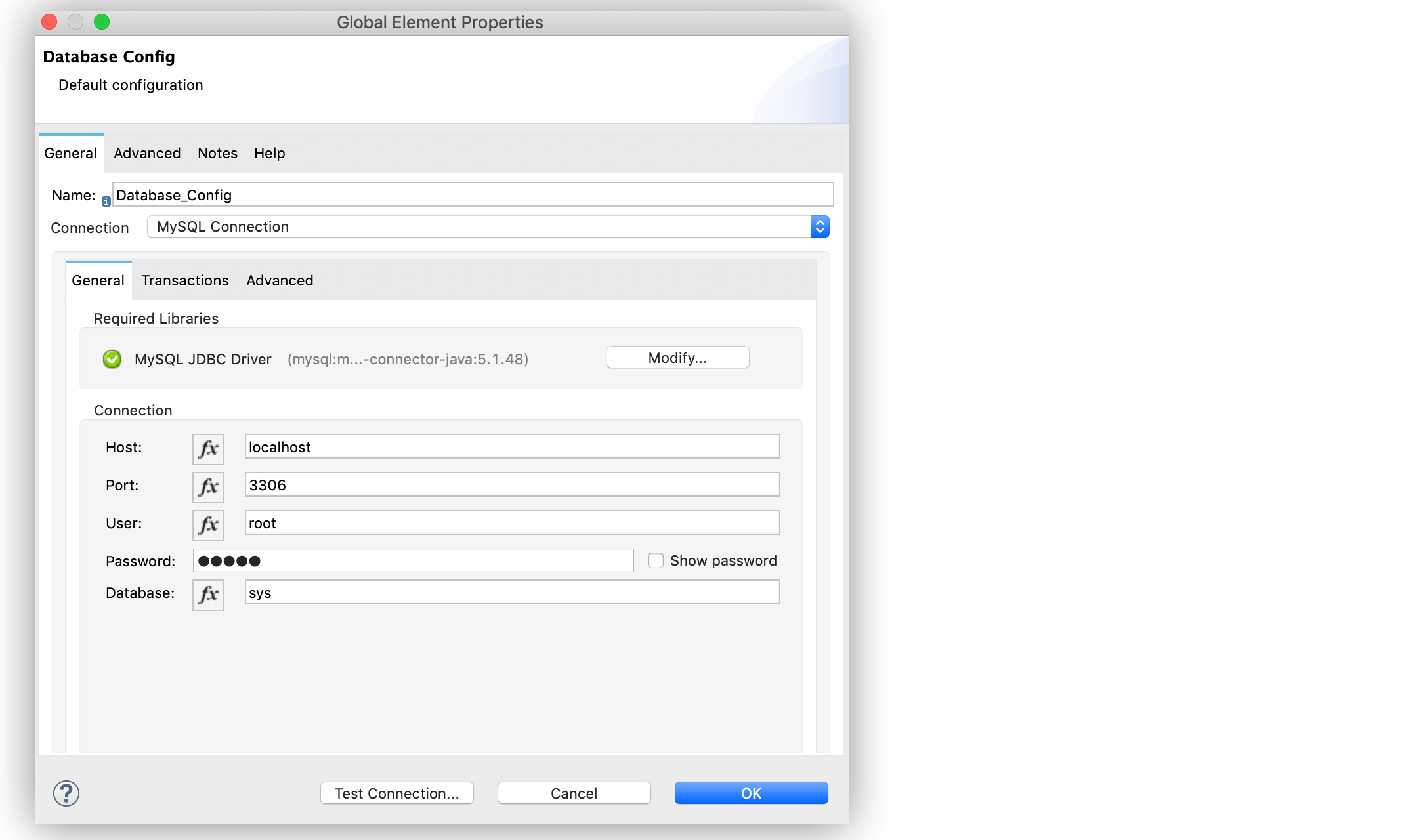 「[Host (ホスト)]、[Port (ポート)]、[User (ユーザー)]、[Password (パスワード)] 項目を設定するデータベースの一般設定。」