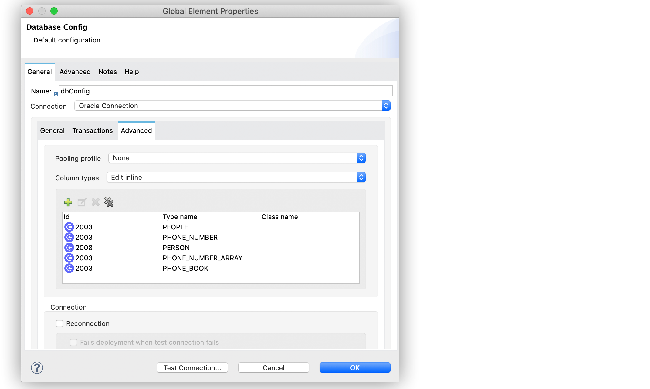 「Column types (列の型)」 値を設定する 「Database Config (データベース設定)」 の 「advanced (詳細)」 設定