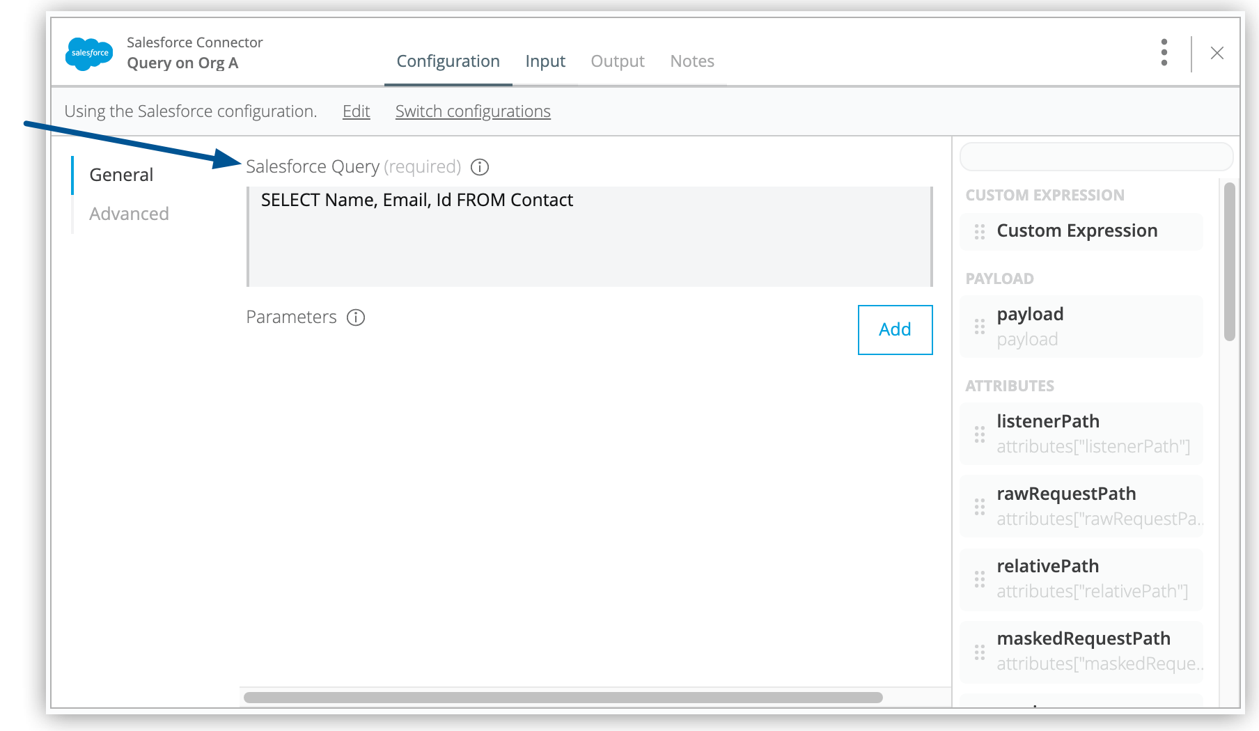 「Salesforce Query (Salesforce クエリ)」 項目のクエリと場所
