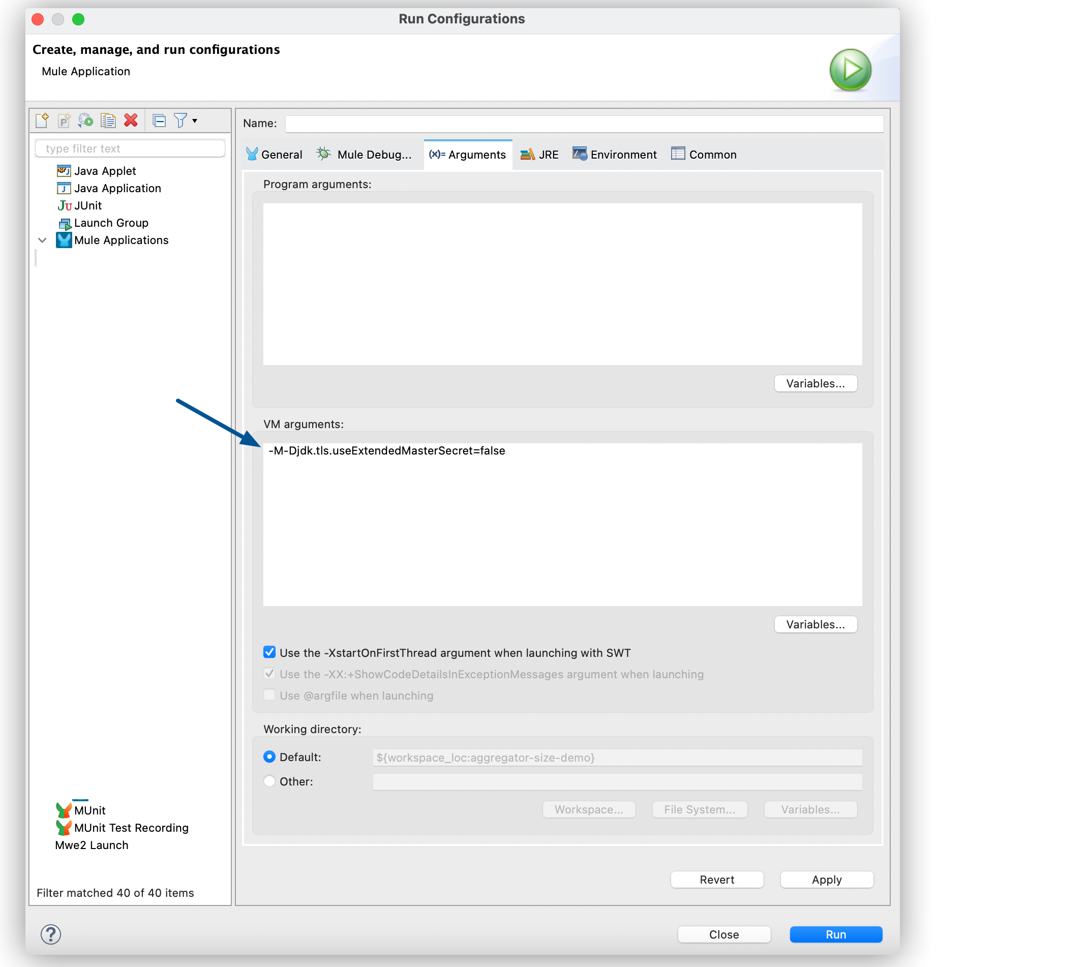 「Run Configurations (設定を実行)」 ウィンドウの Extended Main Secret を無効にするための JVM 引数