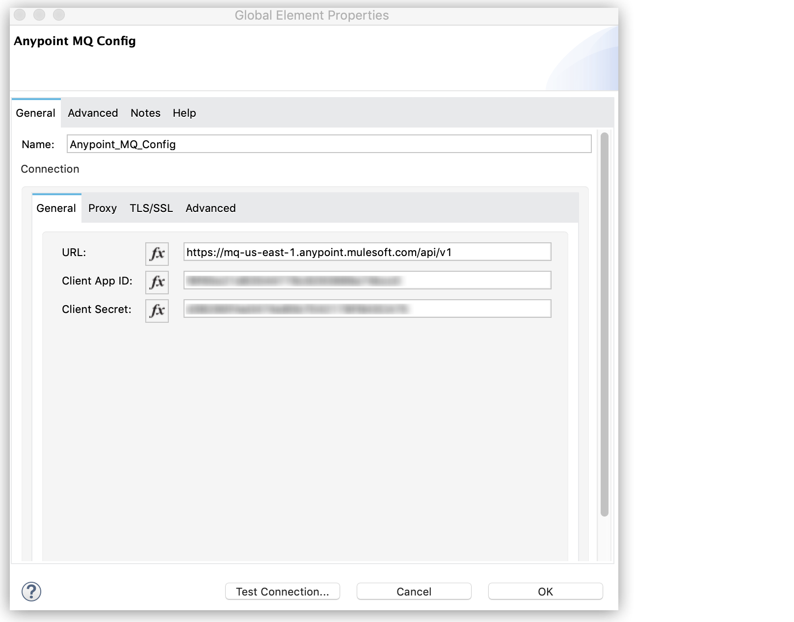 URL、クライアントアプリケーション ID、クライアントシークレットが表示されている [Anypoint MQ Config (Anypoint MQ 設定)] ページ