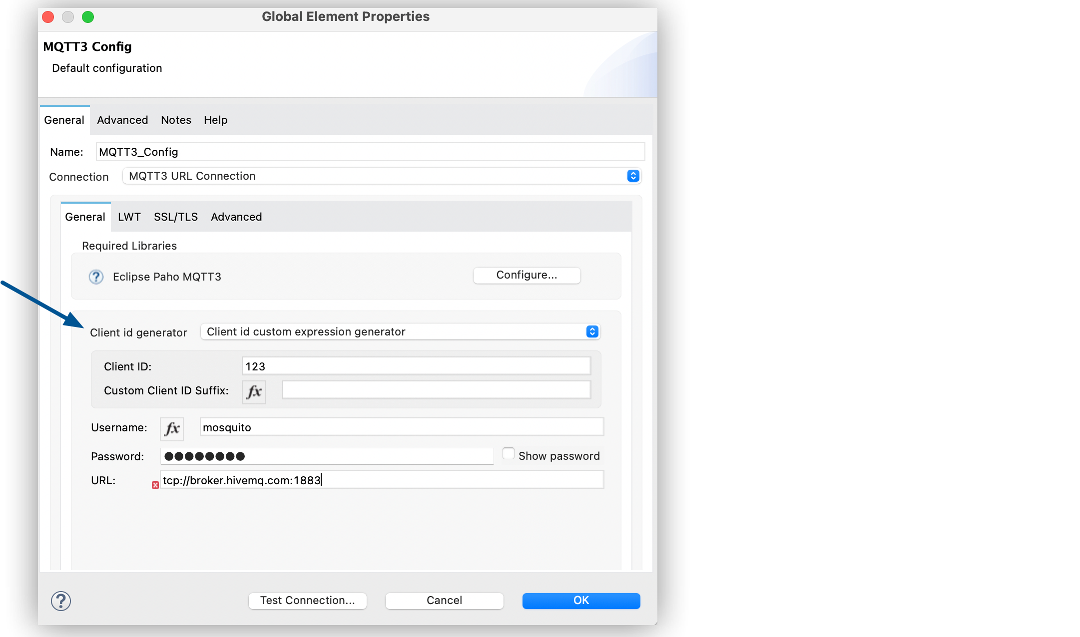 「Global Element Properties (グローバル要素プロパティ)」 ウィンドウでのクライアント ID カスタム式ジェネレーターの設定