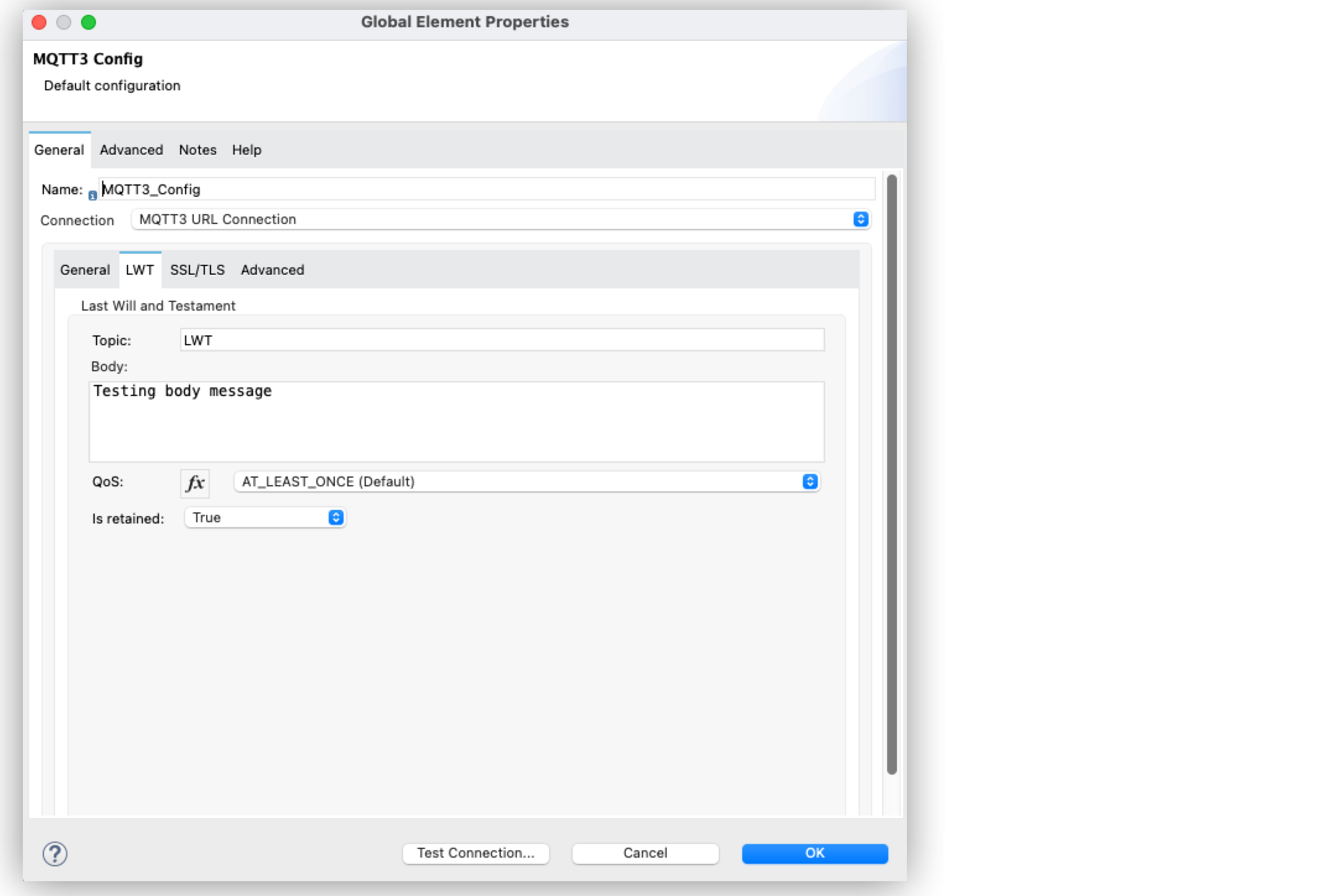 「Last Will and Testament」 設定ウィンドウが選択されている 「MQTT Config (MQTT 設定)」 ウィンドウ