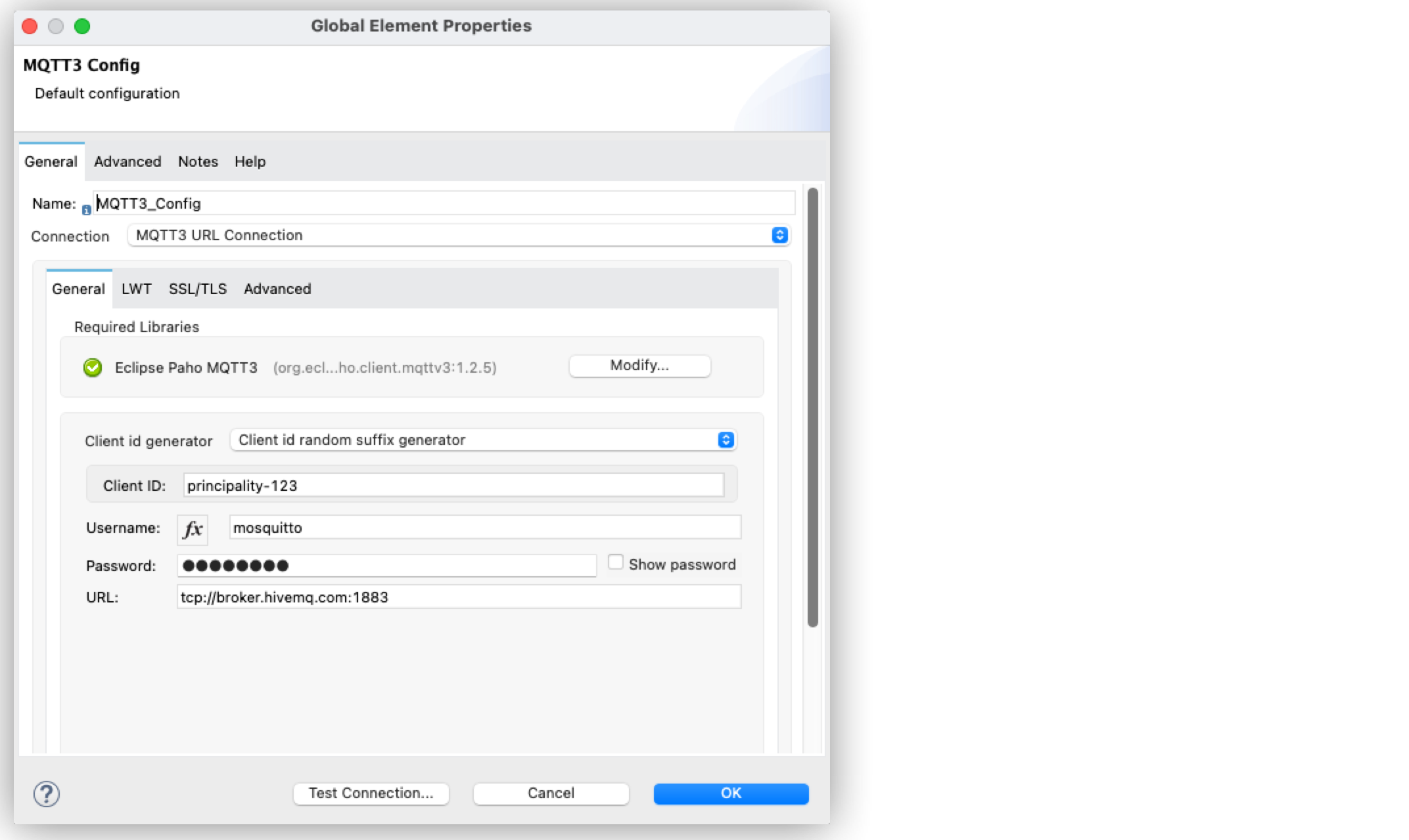 「Global Element Properties (グローバル要素プロパティ)」 ウィンドウでのクライアント ID ランダムサフィックスジェネレーターの設定