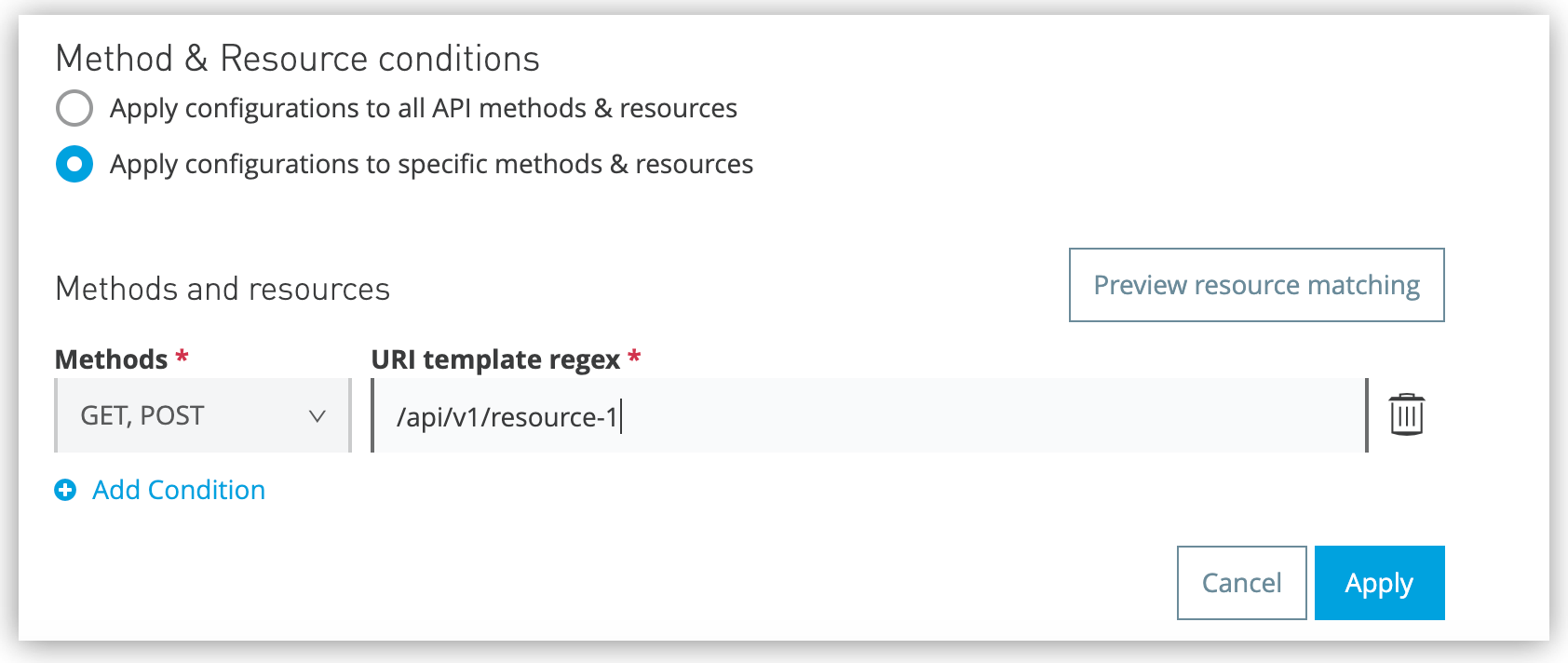 設定を特定の API メソッドおよびリソースに適用できるフォーム