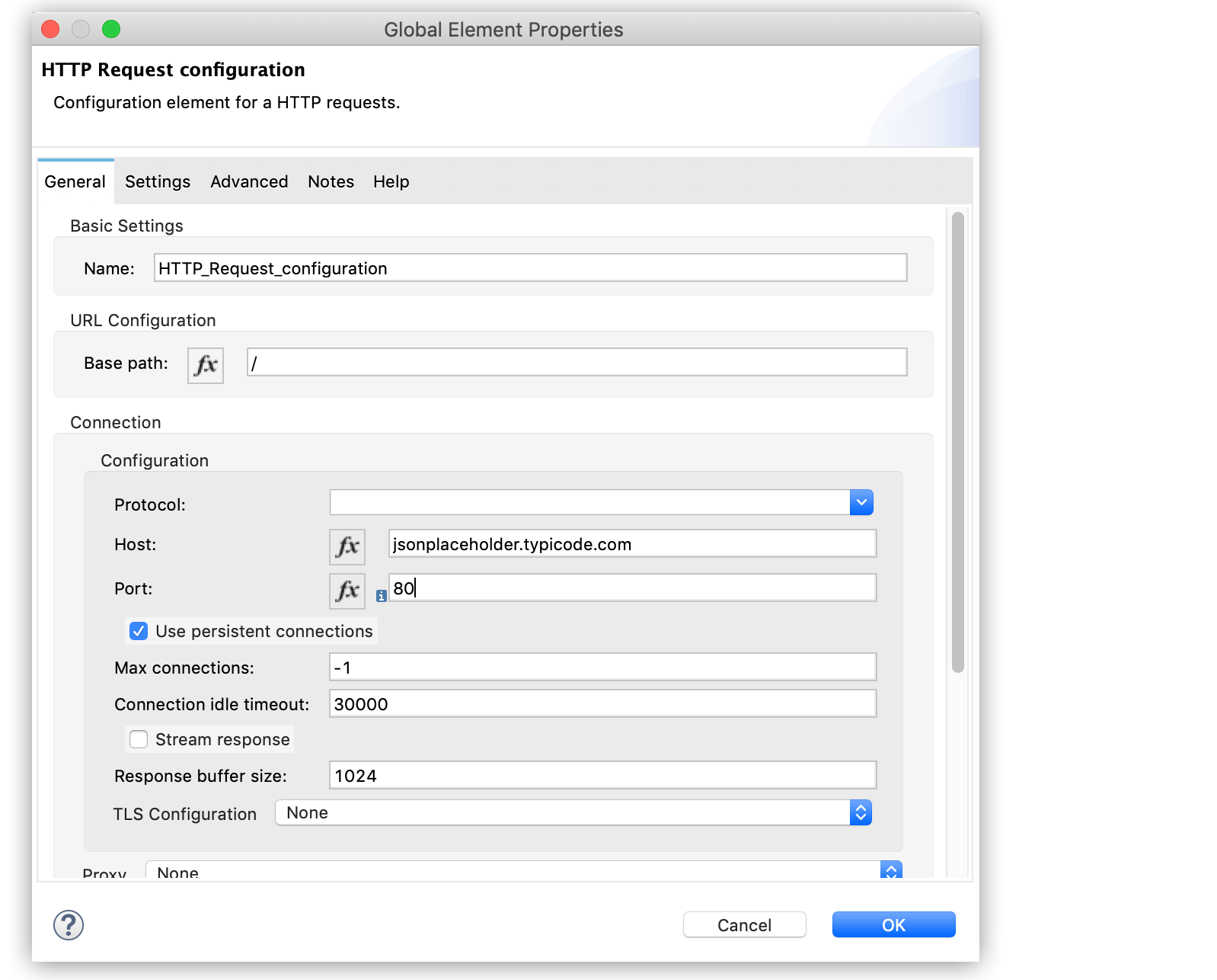 「Host (ホスト)」 と 「Port (ポート)」 を含む 「HTTP Request configuration (HTTP 要求設定)]