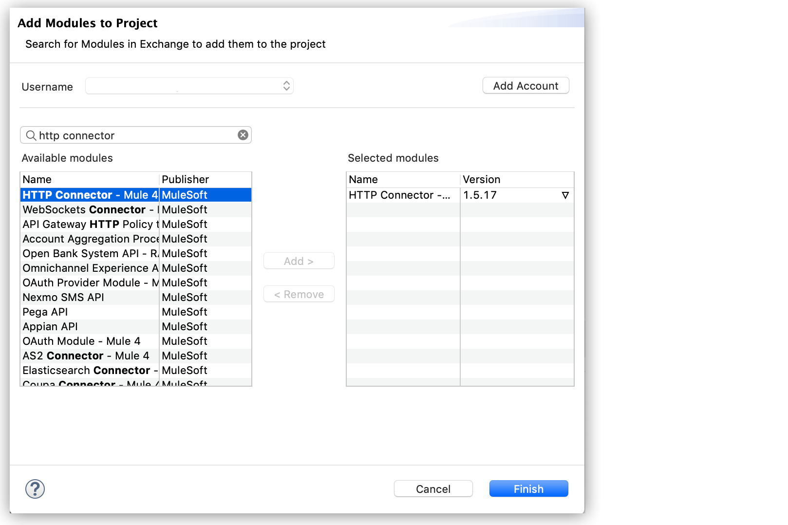 MuleSoft Exchange からプロジェクトにモジュールを追加する検索インターフェース