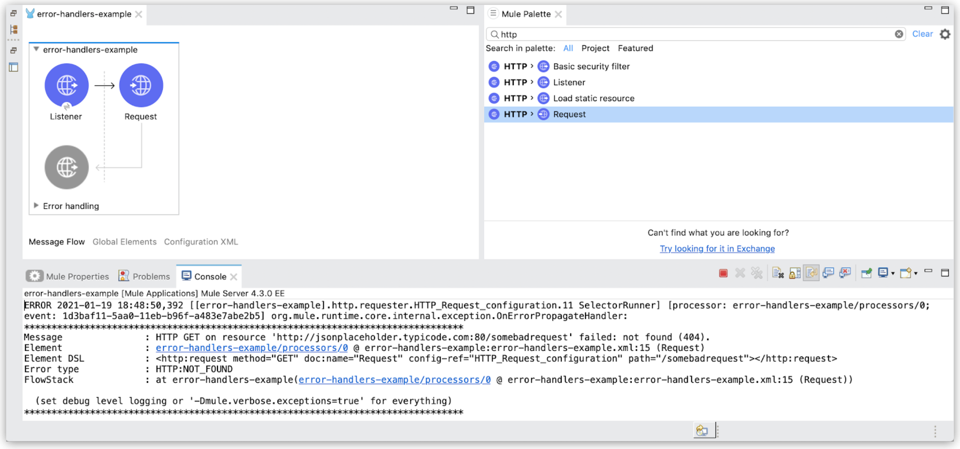 Mule アプリケーションの HTTP 要求の失敗に起因するエラーメッセージ表示