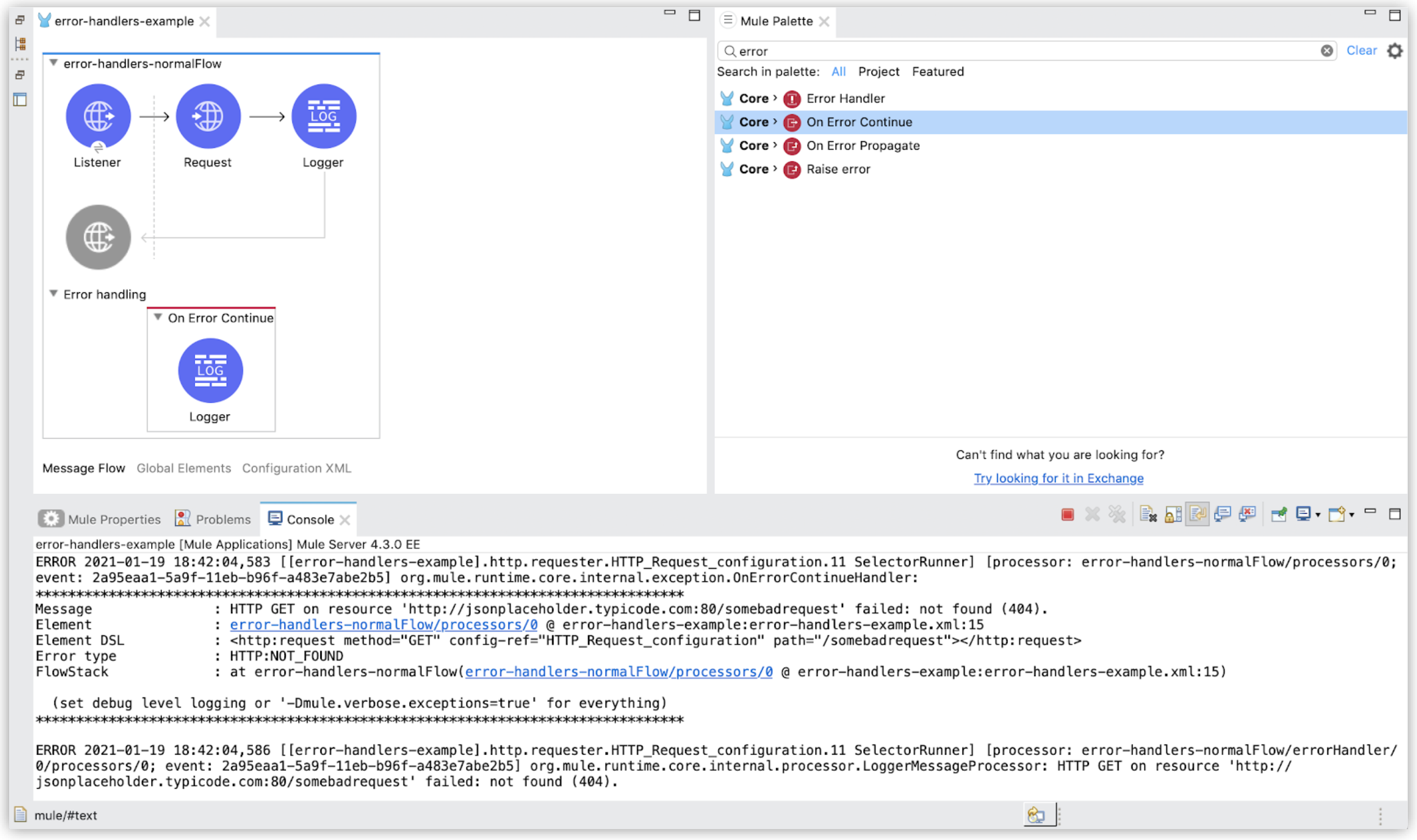 Listener、Request、Logger などのコンポーネントが含まれる、エラー処理設定が表示されているフロー