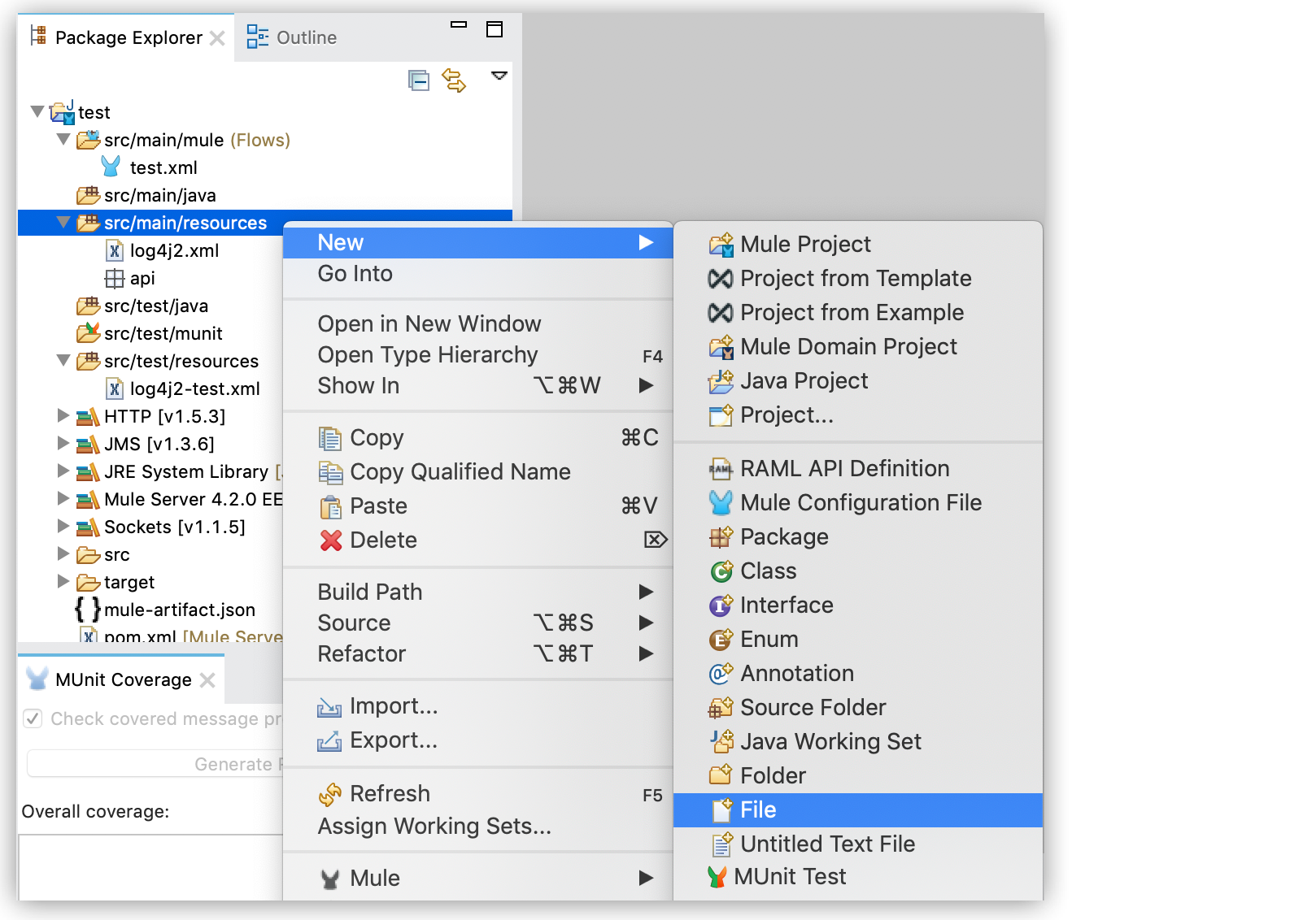 さまざまなソースおよびテストディレクトリが表示されている Mule プロジェクト構造