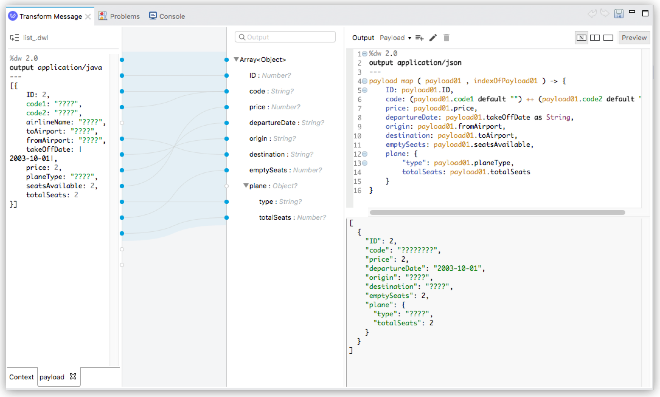 [ID] や [code (コード)] などの項目のマッピングが表示されている DataWeave スクリプト