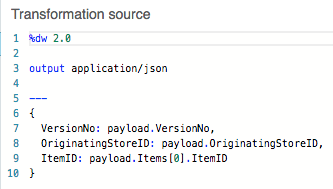 バージョン番号、ストア ID、項目 ID が含まれる JSON を出力する DataWeave スクリプト