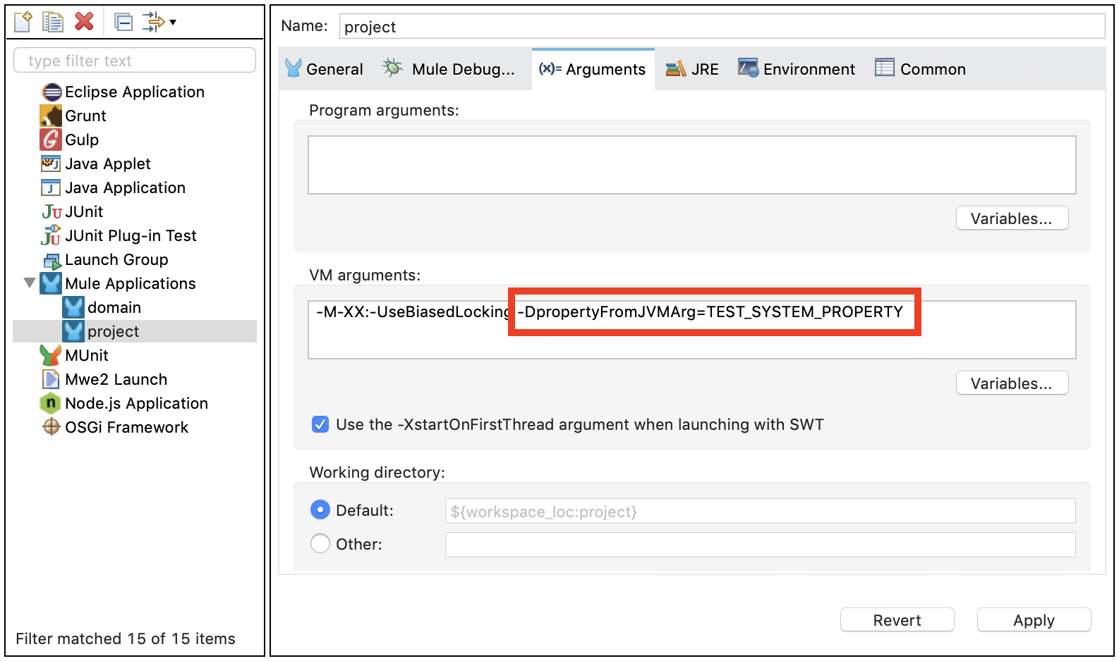 Anypoint Studio の JVM 引数の設定が表示されている [Arguments (引数)] タブ