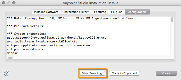Anypoint Studio のエラーログビューアーインターフェース