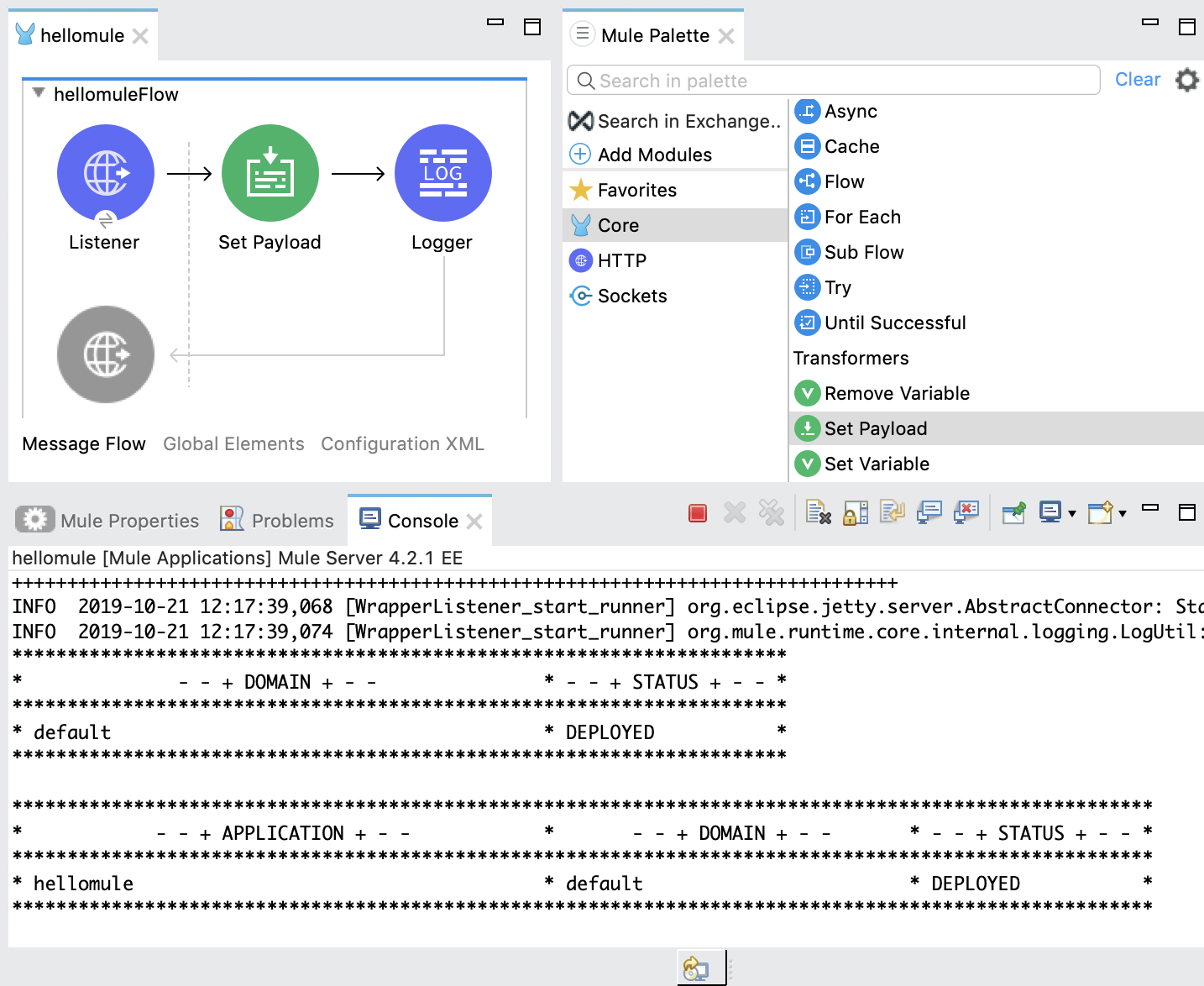 「Hello Mule」という名前の Mule アプリケーションと、Listener、Set Payload、Logger などのコンポーネントが表示されている開発環境