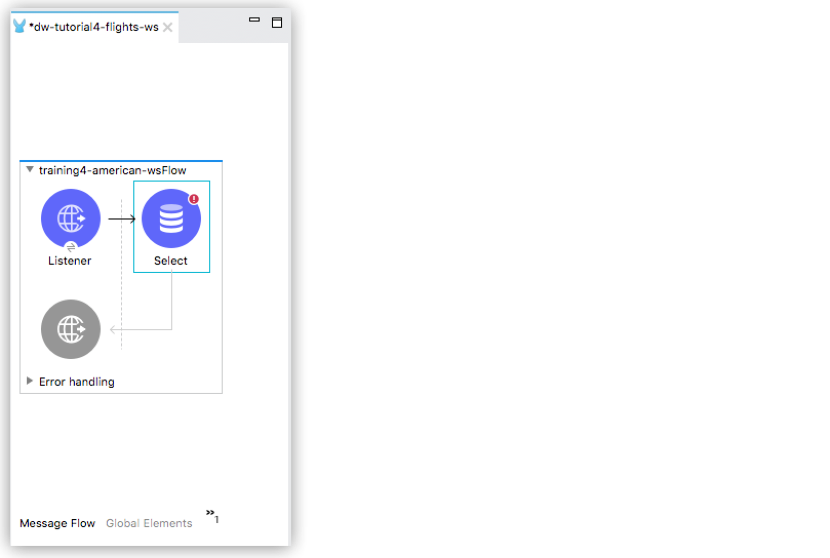 Listener や Error handling などの要素が表示されている Mule フロー設定インターフェース