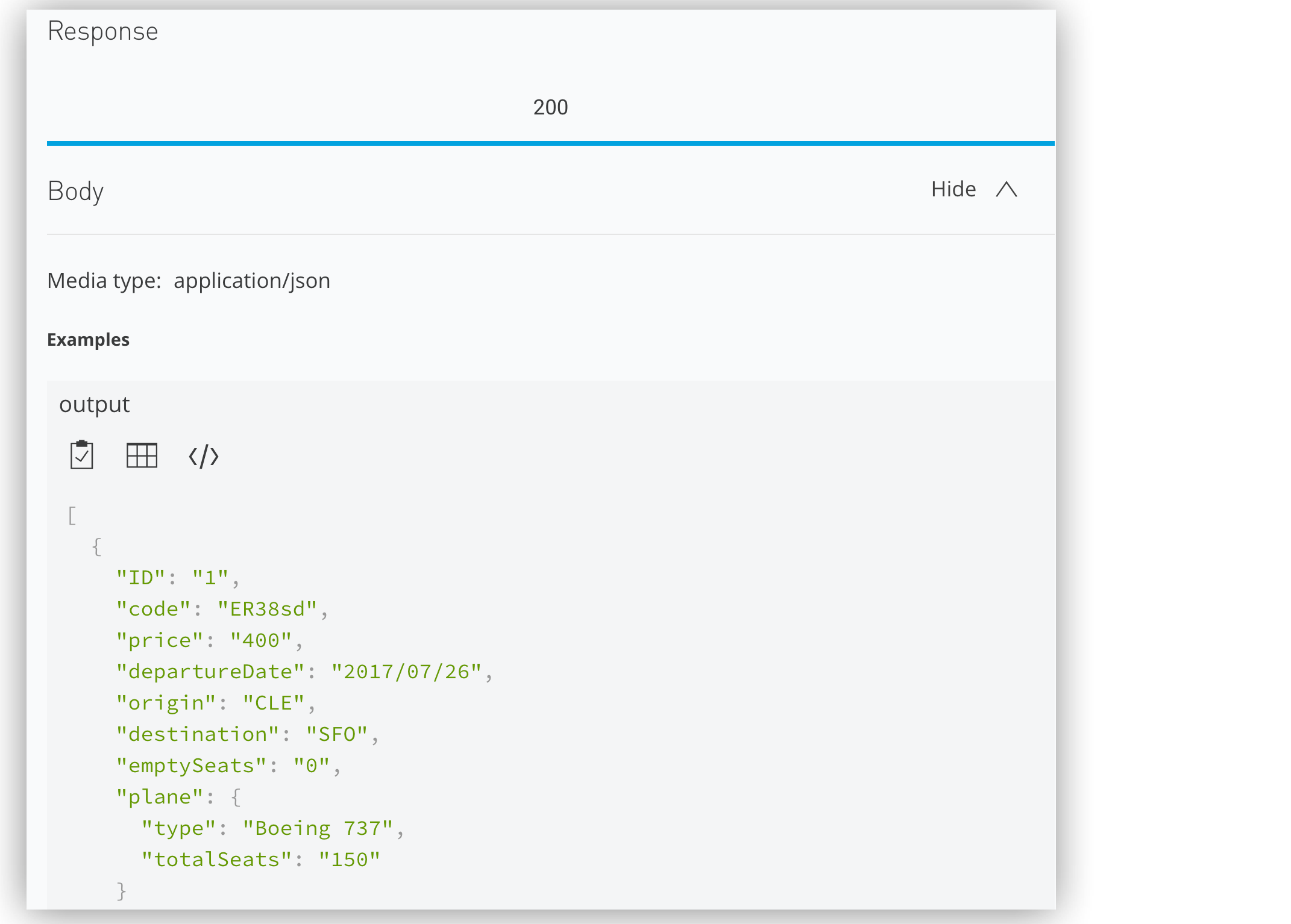 データが表示されているテスト環境の JSON 応答の例
