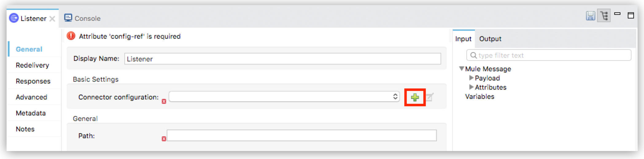 コネクタ設定に必要な設定が表示されている Mule の Listener 設定パネル